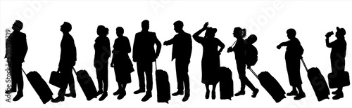 People stand one after another in one line. Passengers with baggage  carry-on luggage  suitcase on wheels. Line of ten adults. Black silhouette of a man  guy  girl  woman  grandmother  senior woman.
