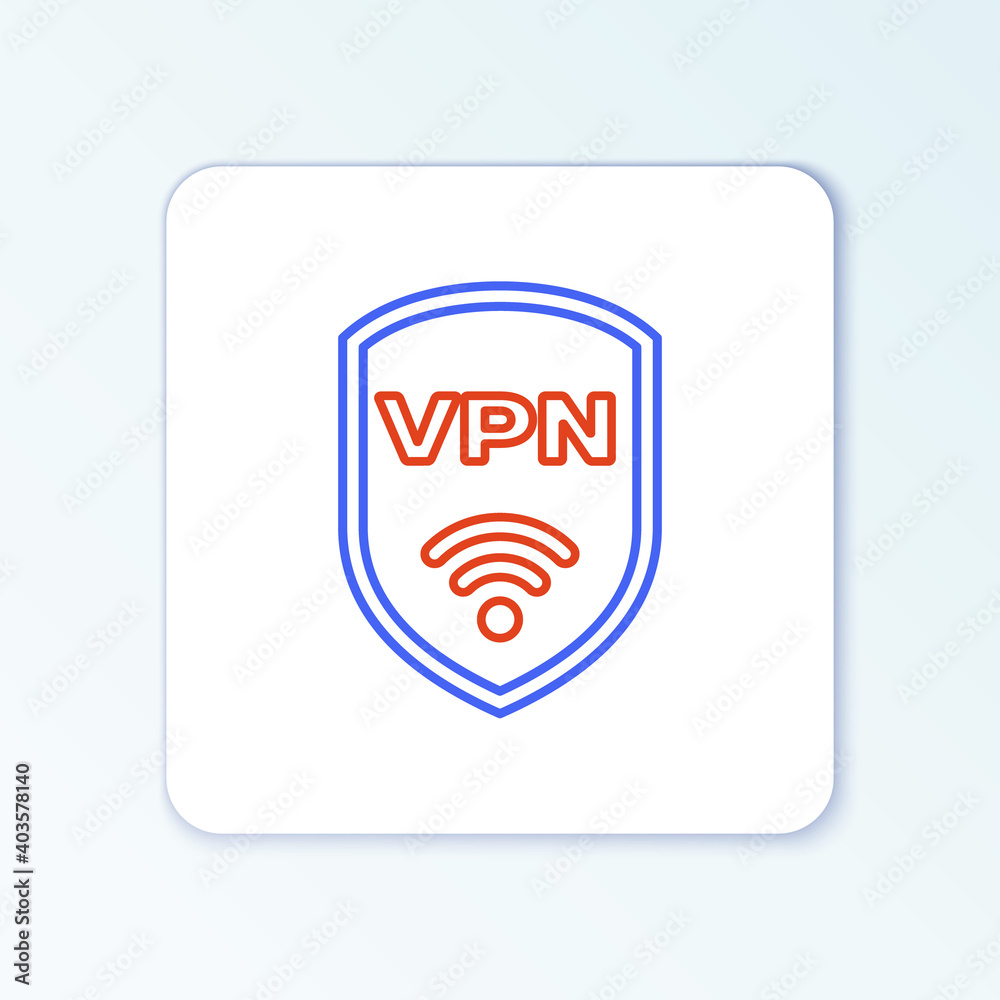 Line Shield with VPN and wifi wireless internet network symbol icon isolated on white background. VPN protect safety concept. Colorful outline concept. Vector. Line Shield with VPN and wifi wireless internet network symbol icon isolated on white background. VPN protect safety concept. Colorful outline concept. Vector.