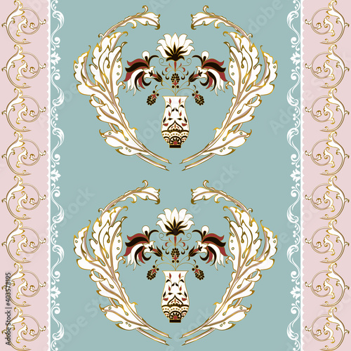 Vector seamless pattern in baroque style of golden acanthus leaves and gorgeous vase of flowers