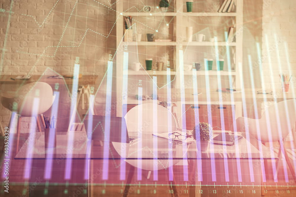 Double exposure of financial graph drawing and office interior background. Concept of stock market. Double exposure of financial graph drawing and office interior background. Concept of stock market.