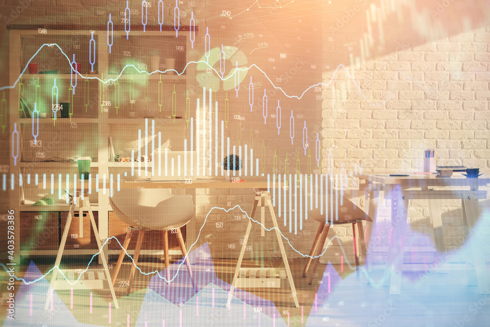 Double exposure of financial graph drawing and office interior background. Concept of stock market. Double exposure of financial graph drawing and office interior background. Concept of stock market.
