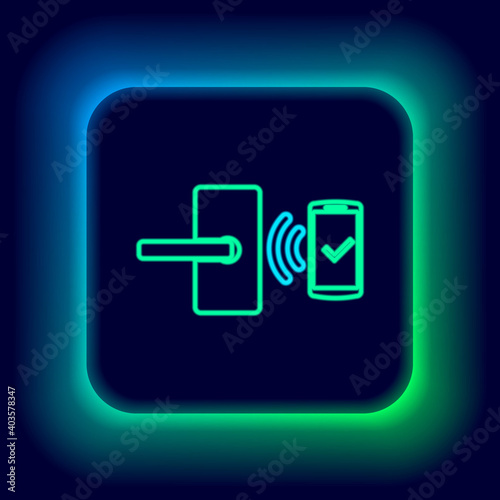 Glowing neon line Digital door lock with wireless technology for unlock icon isolated on black background. Door handle sign. Security smart home. Colorful outline concept. Vector.