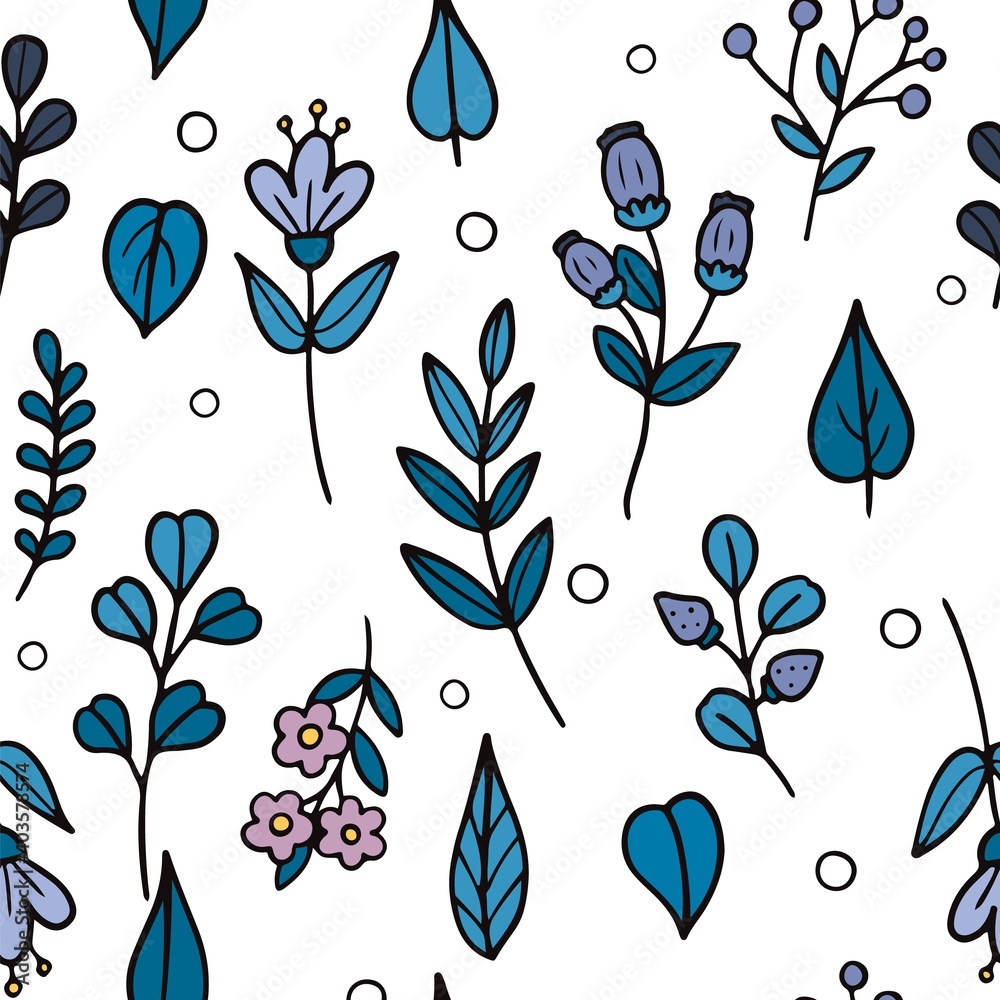 Hand drawn flowers and leaves pattern. Vector illustration