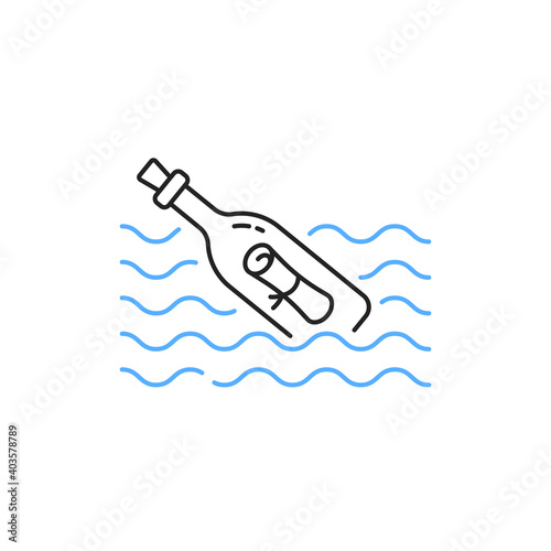 thin line message bottle in waves