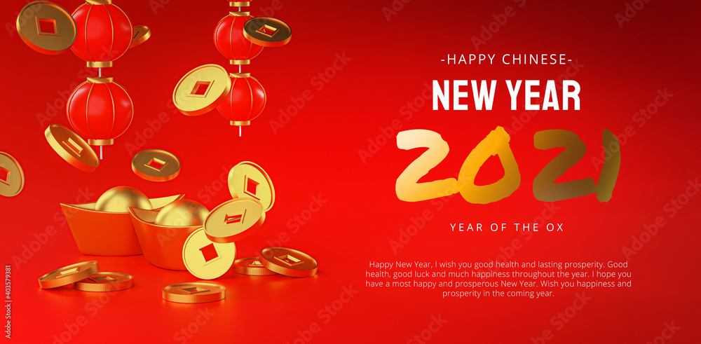 Naklejka premium Happy Chinese New Year 2021 Banner Design. Lantern and Chinese Gold Coin Ingot 3D Rendering
