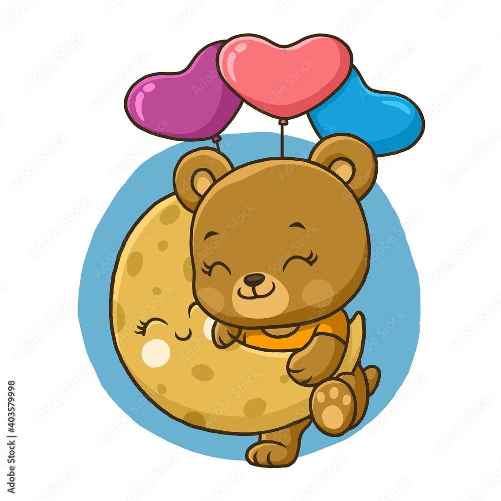 Fototapeta premium Cute bear on moon with hearts balloon isolated on white background.