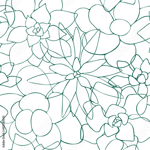 Seamless pattern of one line drawn succulents. Floral background endless. Vector illustration