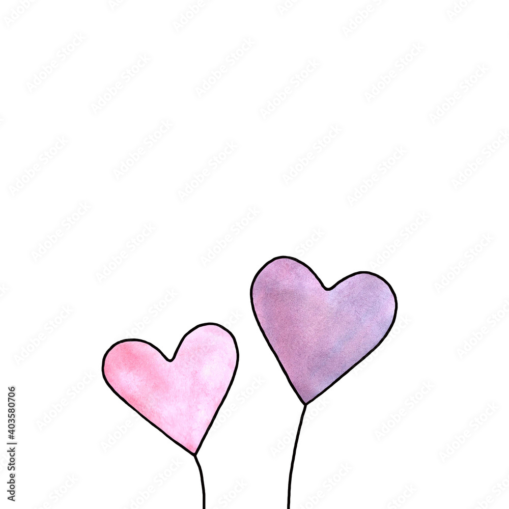 Pair of pink hearts isolated on white background. Symbol of love, romance. Template for postcards. Simple illustration for Valentines day, birthday, mothers day, greeting card, web. Hand drawn