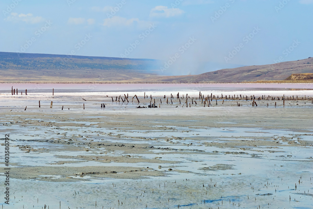 Dramatic Chokrak salt lake panorama with storm at background in Ukraine Dramatic Chokrak salt lake panorama with storm at background in Ukraine