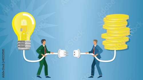 Make innovation, development or research idea possible. Men connecting to support idea to be reality. Vector illustration. EPS10.