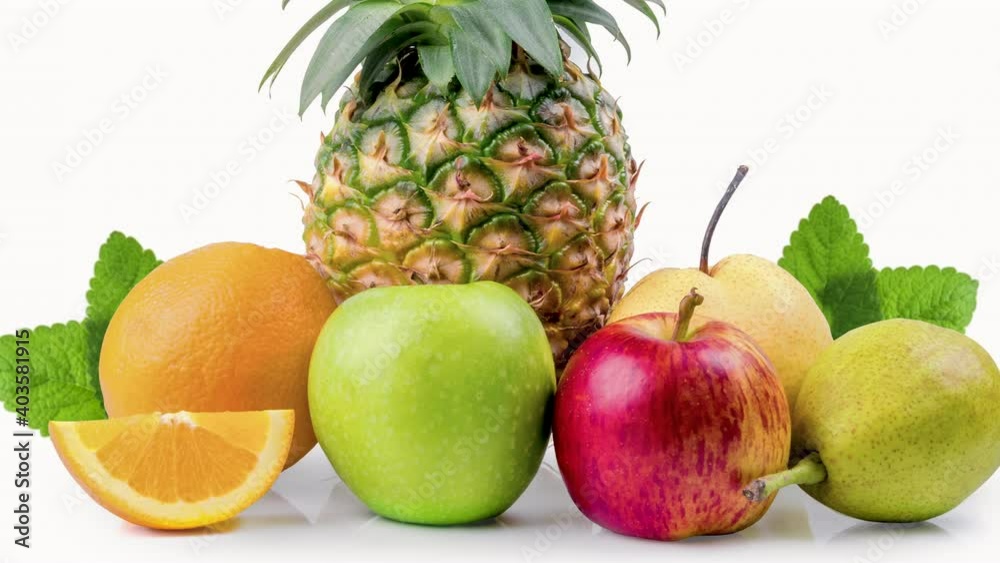 Fresh fruits that are rich in vitamins and nutrients that are essential to the body per day and have antioxidants such as orange, apple, pear on white background. Fresh fruits that are rich in vitamins and nutrients that are essential to the body per day and have antioxidants such as orange, apple, pear on white background.