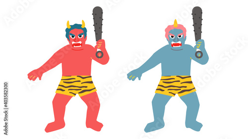 金棒を持った赤鬼と青鬼のイラスト 