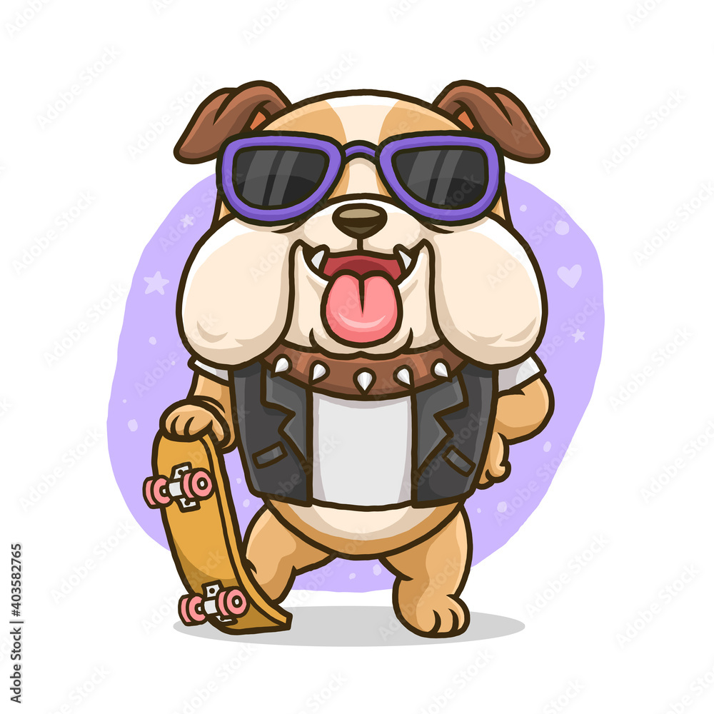 Cute bulldog with skateboard isolated on white background Cute bulldog with skateboard isolated on white background