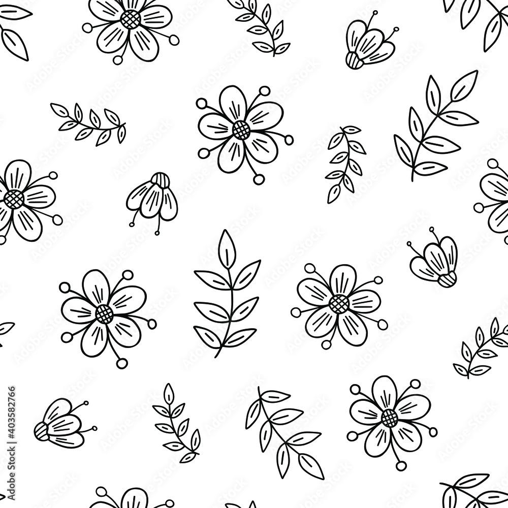 Fancy flowers, leaves seamless pattern simple vector minimalist concept outline illustration, thin line hand drawn floral repeat ornament for invitations, greeting cards, banner, booklet design