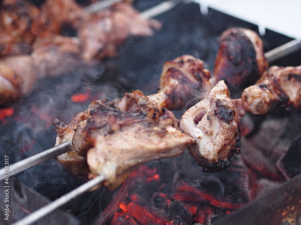 Fragrant smoke and steam from delicious fried chicken pieces on skewers. Winter shish kebab fried over an open fire and charcoal.Blurred image.