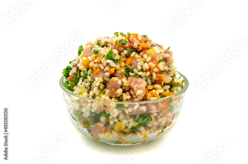 Rice with minced meat on isolated background