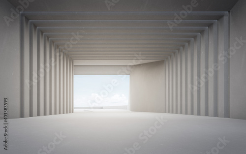 Fototapeta Naklejka Na Ścianę i Meble -  Abstract interior design 3D rendering of modern showroom. Empty floor and concrete wall with blue sky background.