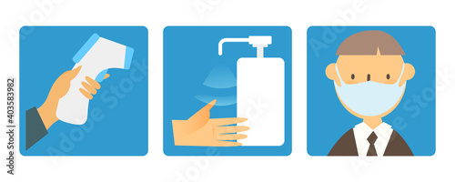 Body temperature measurement, disinfect hands, wear mask