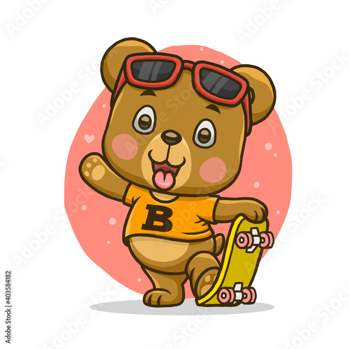 Cute bear with skateboard isolated on white background.