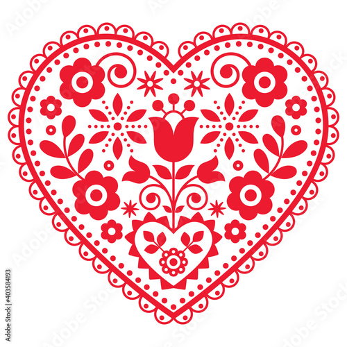 Folk art vector heart design with flowers perfect for Valentine s Day greeting card or wedding invitation - Polish pattern  