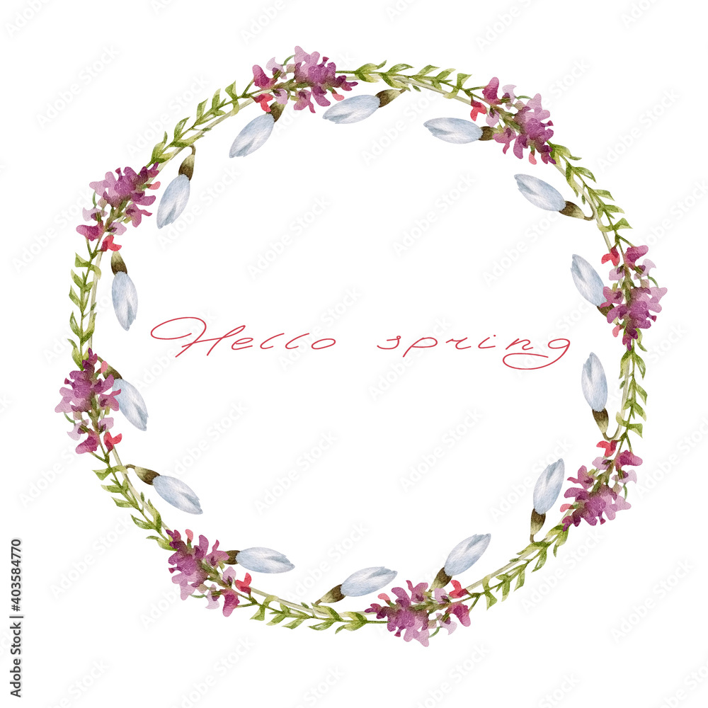 Watercolor spring frame, a wreath of snowdrops and green leaves with space for text. Spring. Easter. Wedding.