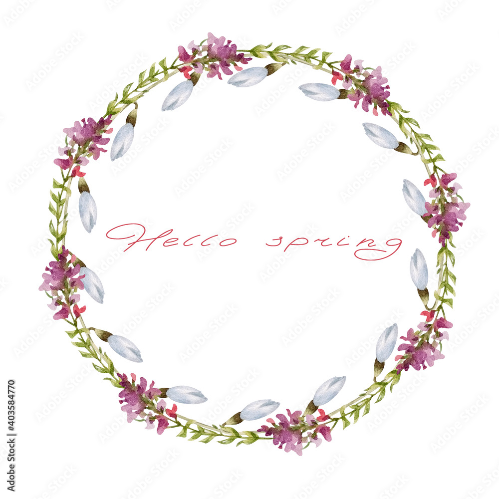 Watercolor spring frame, a wreath of snowdrops and green leaves with space for text. Spring. Easter. Wedding. Watercolor spring frame, a wreath of snowdrops and green leaves with space for text. Spring. Easter. Wedding.
