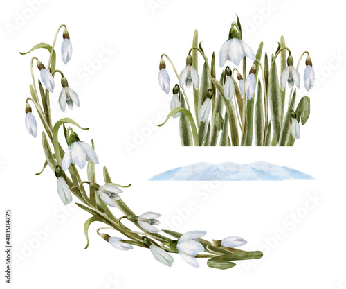 Watercolor illustrations with delicate flowers of snowdrops. Drawn by hand. Spring. Easter.