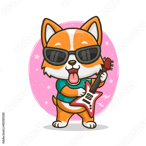 Cute corgi playing guitar isolated on white background