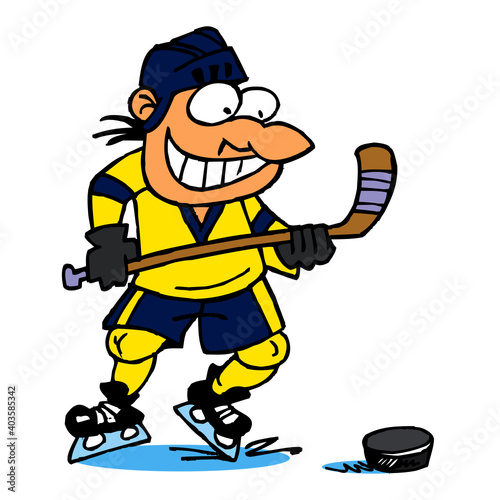 Hockey striker preparing to attack the goal with a puck, winter sport joke, color cartoon