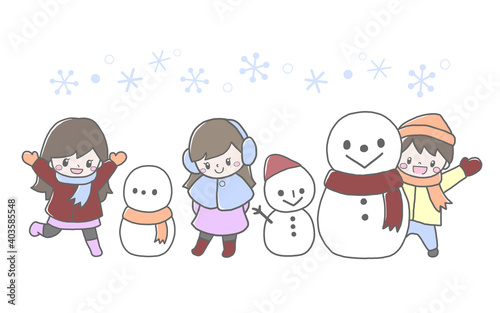 冬のかわいい子ども達と雪だるまの手描き風イラスト