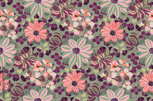 Vector floral pattern. Pink  purple  green garden flowers  branches and leaves isolated on olive background. Beautiful chrysanthemums for fabric  wallpaper design  kitchen textile  banners  cards.