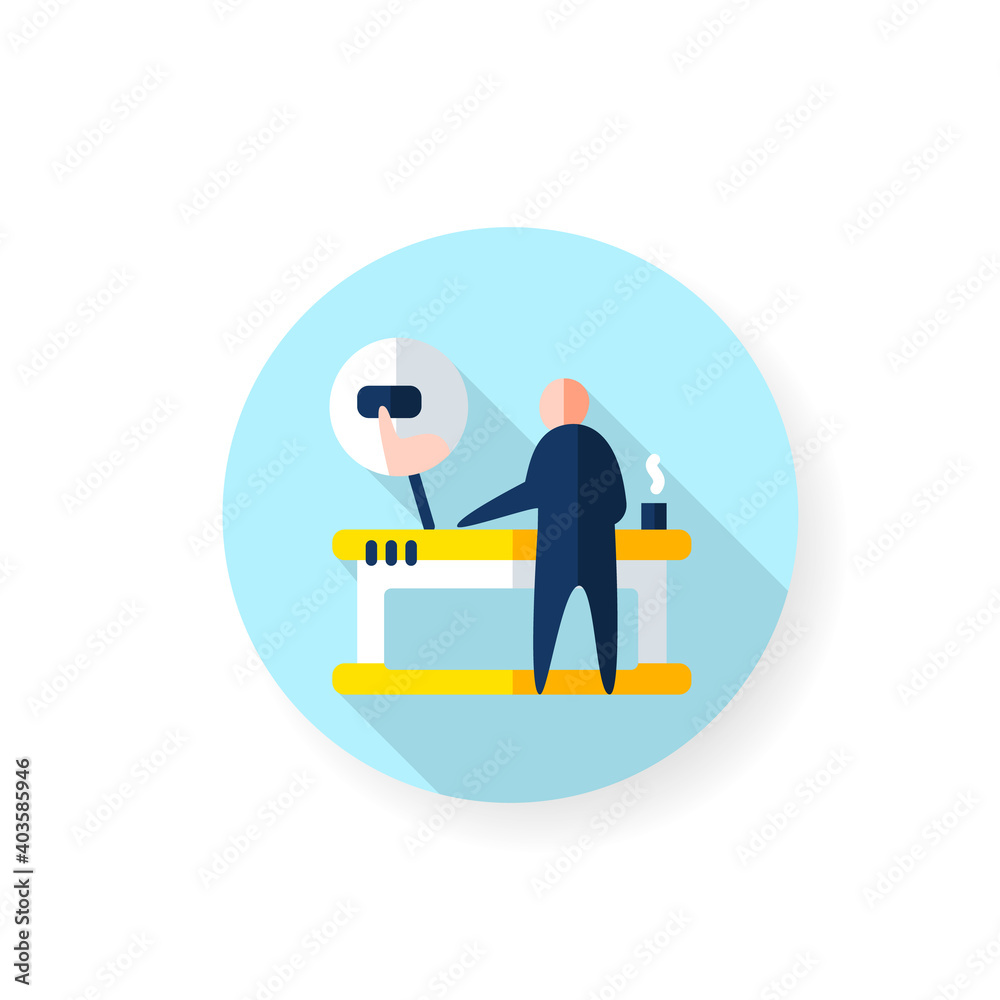 Smart table flat icon. Man working standing. Smart emerging technologies. Contemporary workplace. Futuristic office workspace innovations concept. Color vector illustration with shadow Smart table flat icon. Man working standing. Smart emerging technologies. Contemporary workplace. Futuristic office workspace innovations concept. Color vector illustration with shadow