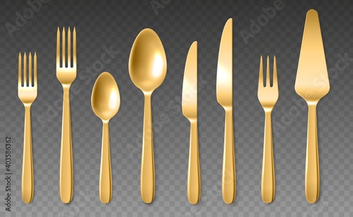 Realistic golden cutlery. Luxury spoons, knives and forks, yellow metal 3d closeup dinner tools collection, top view stainless steel tableware. Vector isolated on transparent background set