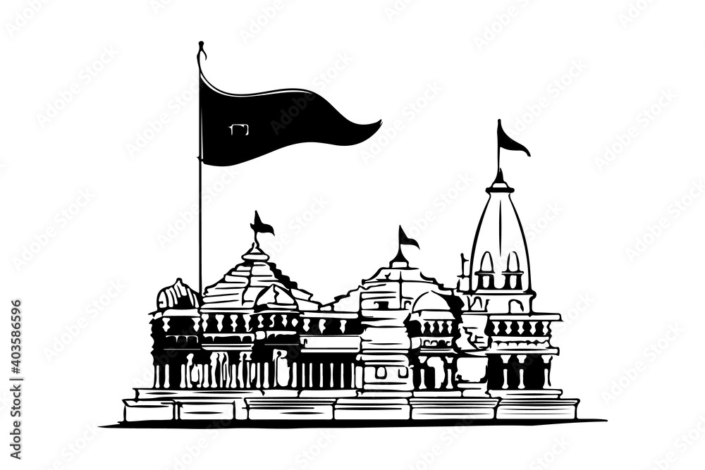 illustration of ram mandir silhouette isolated on white background. this is  a Hindu temple that is
