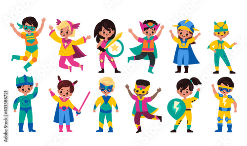Kids superheroes. Children in superhero comics costumes, cute brave girls and strong boys in capes and masks collection, different powers owners. Vector flat cartoon characters set