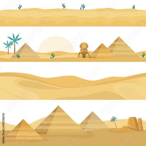 Desert landscape seamless borders. Sand dunes  Egyptian landmarks elements  pyramids  palm trees and Sphinx against hot sahara sunset. Vector endless horizontal backgrounds set