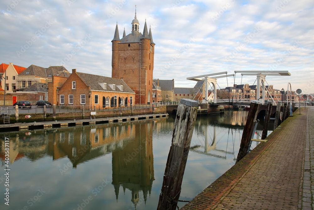 Reflections of Zuidhavenpoort, the Southern harbor gate, with a drawbridge, Zierikzee, Zeeland, Netherlands Reflections of Zuidhavenpoort, the Southern harbor gate, with a drawbridge, Zierikzee, Zeeland, Netherlands