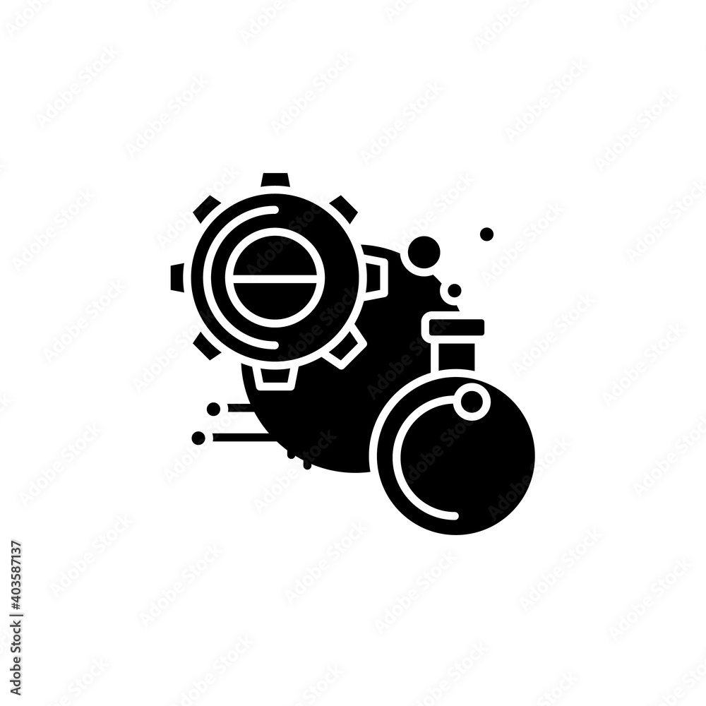 Experiment glyph icon. Glass bulb with gear and information link filled flat sign. Creative idea test, scientific research and product evaluation concept. Isolated silhouette vector illustration Experiment glyph icon. Glass bulb with gear and information link filled flat sign. Creative idea test, scientific research and product evaluation concept. Isolated silhouette vector illustration