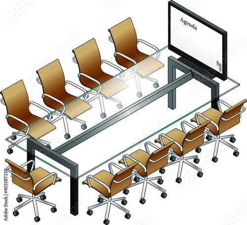 A boardroom setting with a glass table, leather chairs and a smartboard / screen / monitor.
