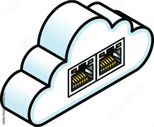 Cloud computing concept: a cloud with two ethernet sockets.