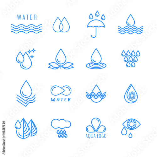 Water, water drop, splash, wave, rain, irrigation. A set of vector icons. Symbol, sign, icon, logo illustration.