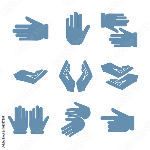 Human hand, palms. A set of vector icons. Symbol, sign, icon, logo illustration.