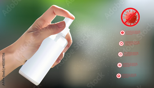Spraying Anti-Bacterial Sanitizer Spray, Hand Sanitizer Dispenser, infection control concept. Sanitizer to prevent colds, virus, Coronavirus