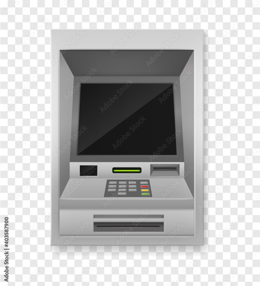 Atm terminal. Realistic payment machine front view, automated teller for finance service, banking electronic financial equipment, black empty screen, 3d vector isolated illustration Atm terminal. Realistic payment machine front view, automated teller for finance service, banking electronic financial equipment, black empty screen, 3d vector isolated illustration