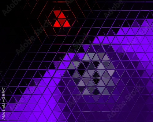 red flame with futuristic blue and purple sphere 3D illustration triangular mosaic design on a black background