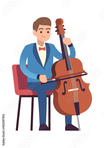 Cellist performance. Classic male musician character in blue dress with cello plays melody, violoncello instrument, acoustic music show flat vector cartoon isolated illustration