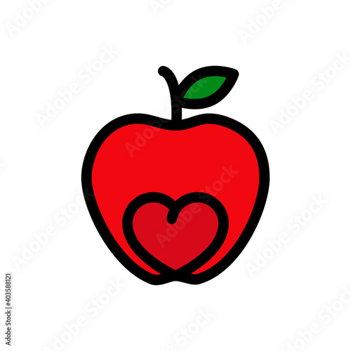 Símbolo de comida sana. Logotipo corazón dentro de manzana con lineas con color rojo y verde