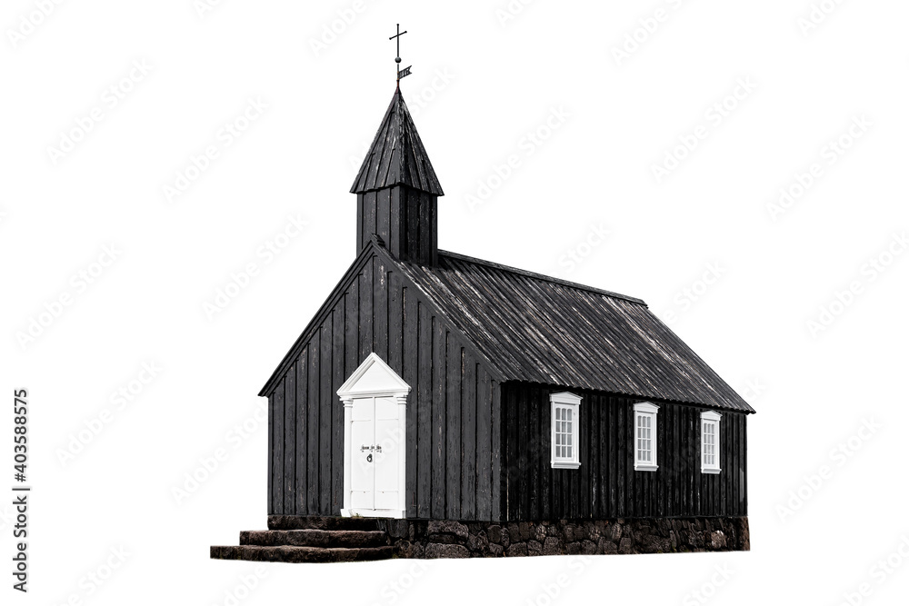 Old scandinavian church Budir on white
