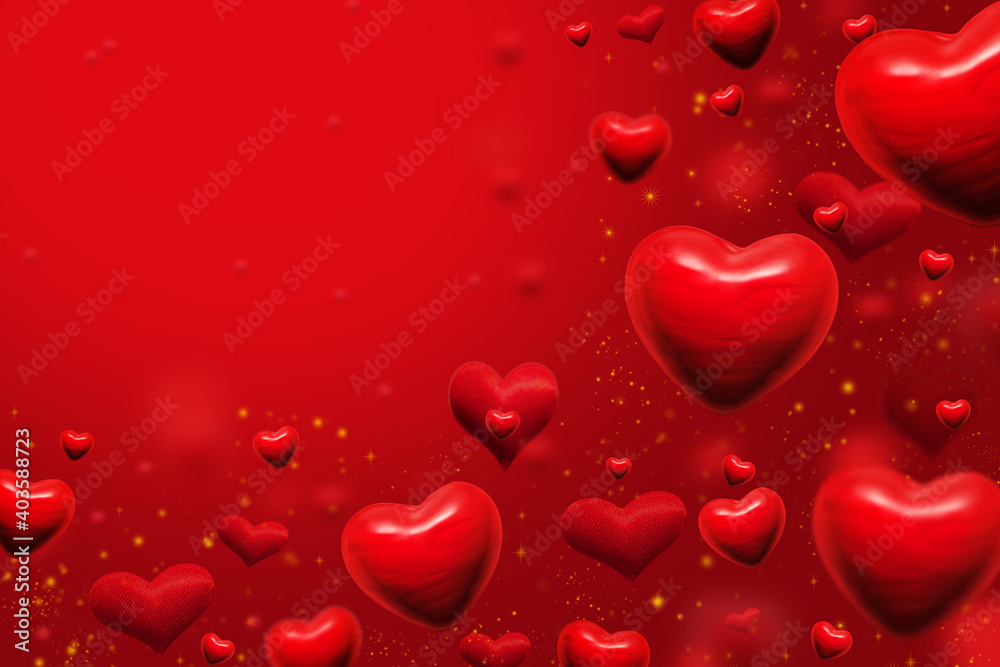 red hearts and golden dust abstract background for valentines day greeting card or festive wallpaper. Copy space for text. 3D illustration