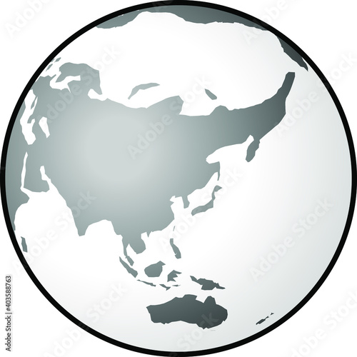 A greyscale globe showing East Asia, South Asia, and Australasia.